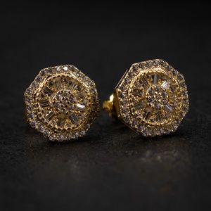 Octagon Shape Mens Iced 14K Yellow Gold Plated CZ 925 Sterling Stud Earrings